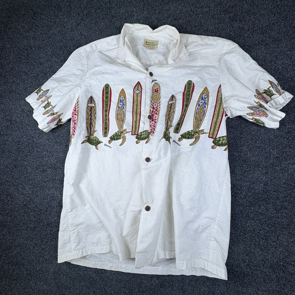 Royal Hawaiian Creations Shirt Mens XL White‎ Aloha Surfboard Graphic Button Up